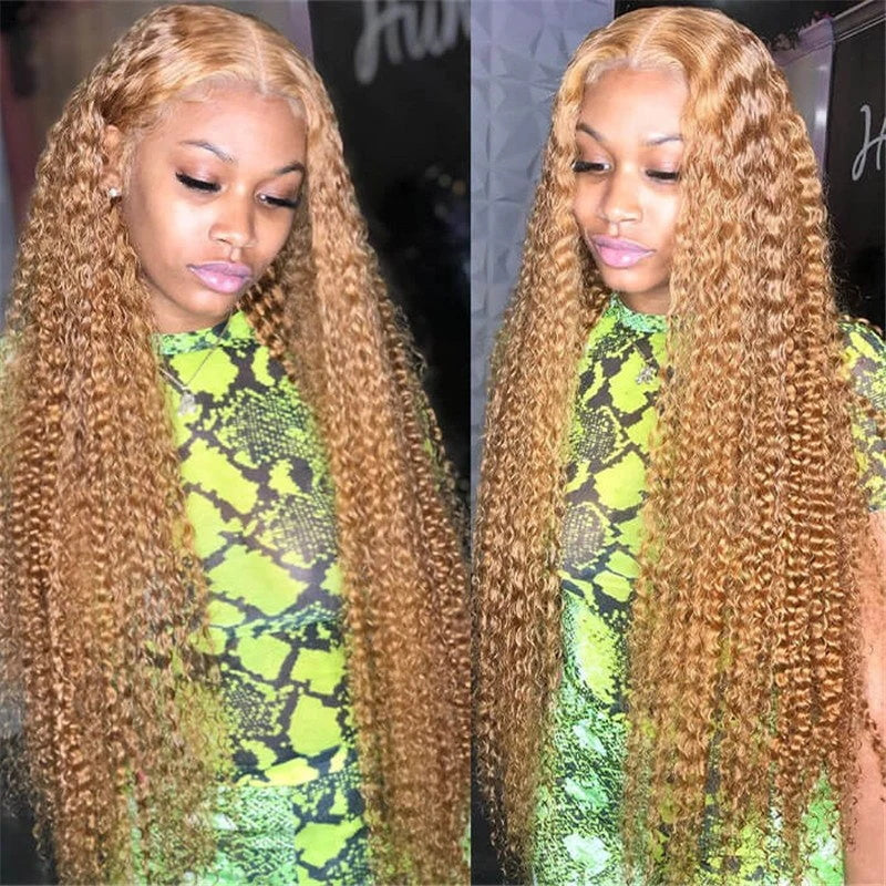 Firieya 13x4 Jerry Curly Human Hair Wigs Honey Blonde #27 Color Hair Transparent Lace Wigs