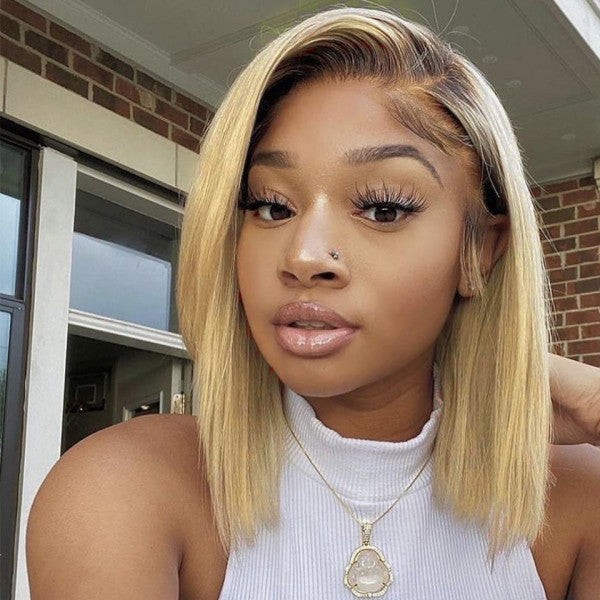 Firieya #4/613 Blonde Bob Wigs with Dark Brown Roots Ombre Lace Closure Bob Wigs