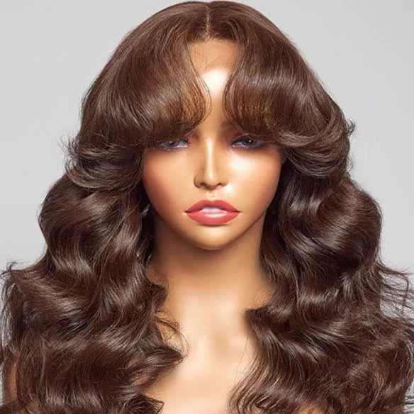 Firieya Chestnut Brown Color with Curtain Bangs 13X4 HD Lace Front Wigs Human Hair