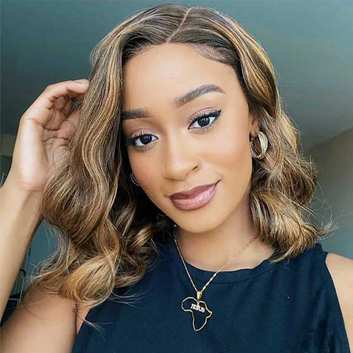 Firieya Body Wave P4/27 Highlight Short Bob Wigs 4x4 Lace Front Human Hair Wigs with Baby Hair