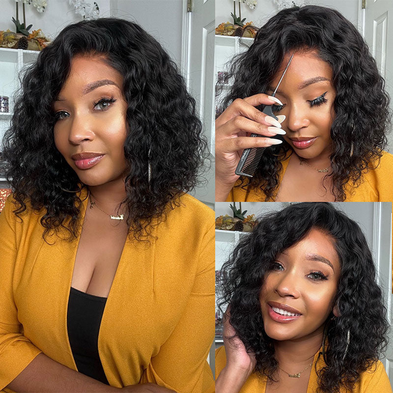 Firieya Water Wave Short Bob Wigs 13x4 Lace Glueless Wigs Pre Plucked Hairline Human Hair Wig