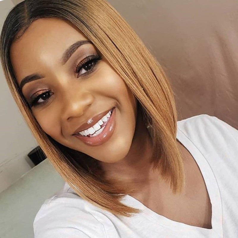 Firieya Short Ombre Honey Brown Blonde 1b/27 Bob Human Wig With Baby Hair