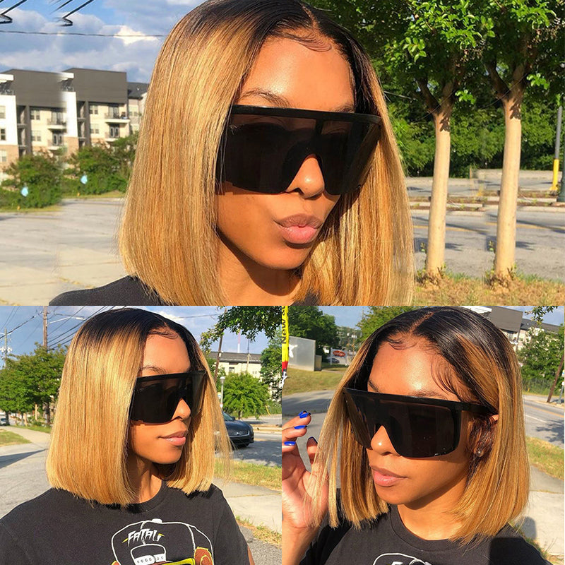 Firieya Short Ombre Honey Brown Blonde 1b/27 Bob Human Wig With Baby Hair