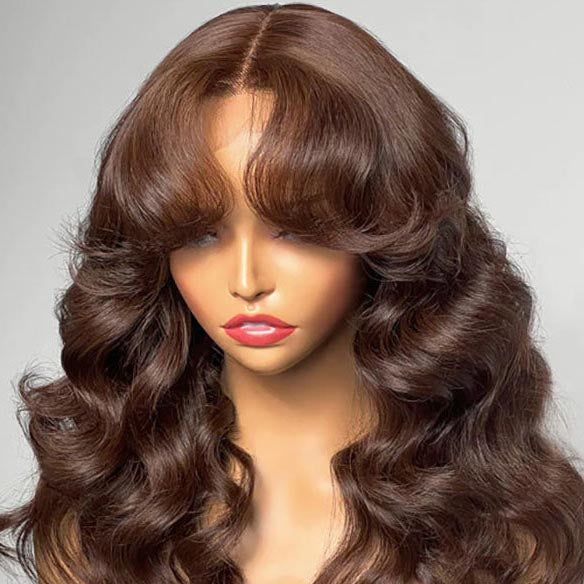 Firieya Chestnut Brown Color with Curtain Bangs 13X4 HD Lace Front Wigs Human Hair