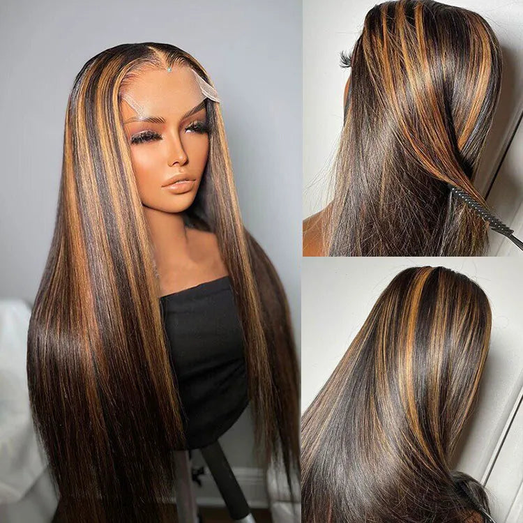 Firieya #1B/30 Ombre Highlight Wig 5x5 Lace Closure Straight Wig for Women Pre Plucked with Baby Hair Human Hair Wig