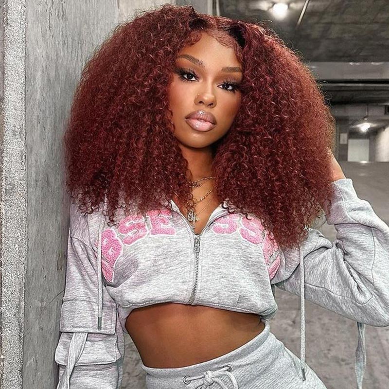 Firieya Reddish Brown Kinky Curly 5x5 HD Transparent Lace Closure Wigs Auburn Copper Red Colored Wig for Black Women