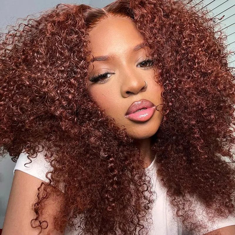 Firieya Reddish Brown Kinky Curly 5x5 HD Transparent Lace Closure Wigs Auburn Copper Red Colored Wig for Black Women
