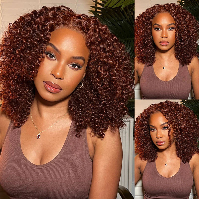 Firieya Reddish Brown Kinky Curly 5x5 HD Transparent Lace Closure Wigs Auburn Copper Red Colored Wig for Black Women