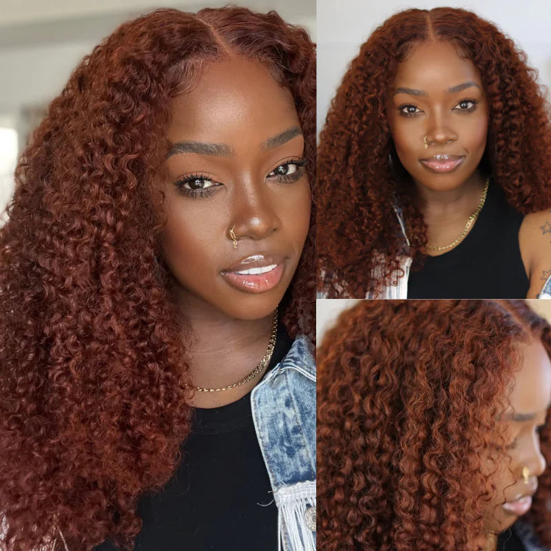 Firieya Reddish Brown Kinky Curly 5x5 HD Transparent Lace Closure Wigs Auburn Copper Red Colored Wig for Black Women