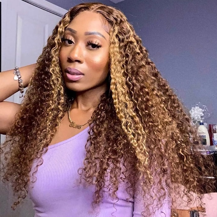 Firieya #4/27 Highlight Brown With Blonde Kinky Curly 5x5 HD Lace Closure Wig With Baby Hair Pre-plucked Natural Hairline