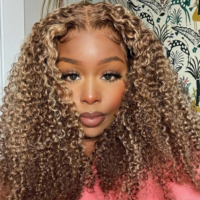 Firieya #4/27 Highlight Brown With Blonde Kinky Curly 5x5 HD Lace Closure Wig With Baby Hair Pre-plucked Natural Hairline