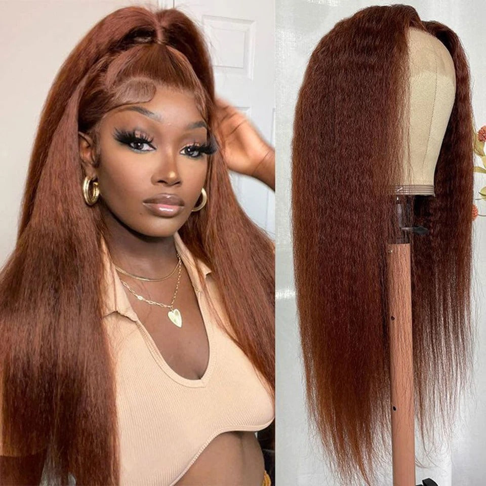 [Flash Sale] Red Brown Wigs Kinky Straight Reddish Brown 13x4 Lace Front Wig