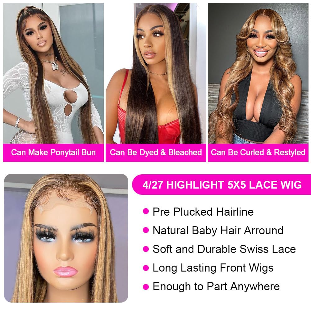 Firieya Ombre Straight P4/27 highlight Honey Blonde Balayage Color 5x5 Lace Closure Wigs Pre Plucked Human Hair Wig