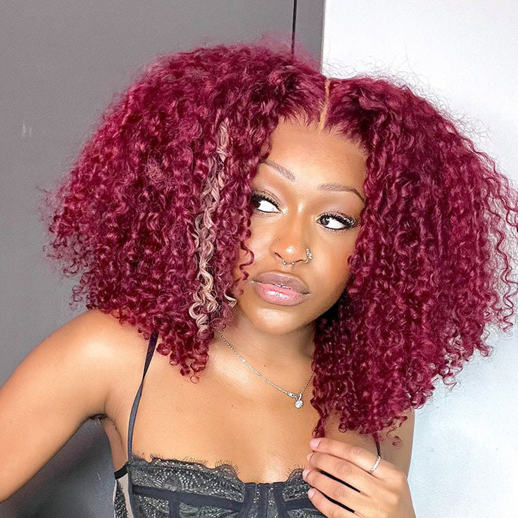 Firieya 99J Burgundy Color Kinky Curly Wear Go Glueless Wigs 7x5 Pre-Cut Lace Human Hair Wigs