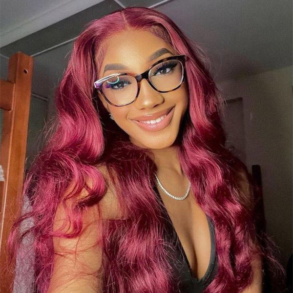 Firieya Pre-cut Lace Wig Body Wave Hair 99J Burgundy Color Wear Go Glueless Wig 7x5 HD Lace Wig Preplucked with Natural Hairline