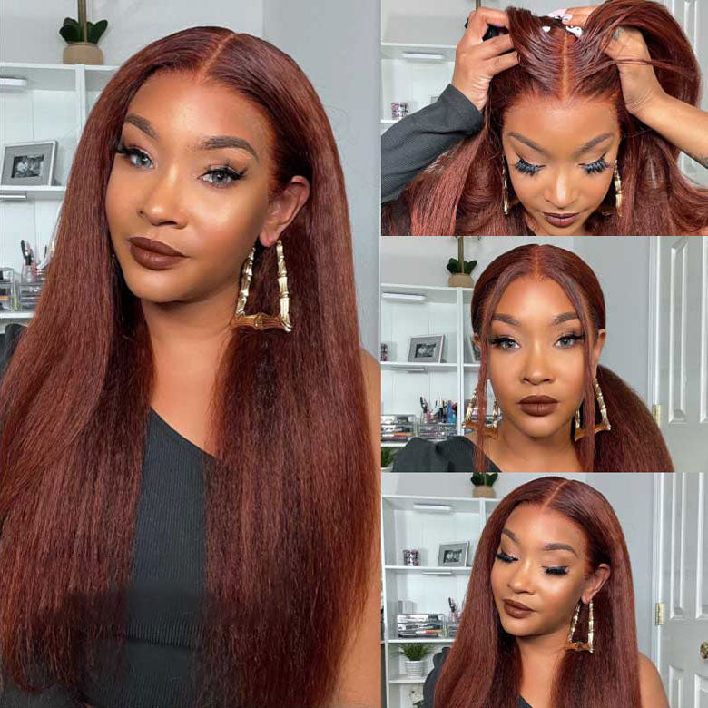 Firieya 7x5 Reddish Brown Kinky Straight Wig Ready To Go Glueless Lace Wigs Human Hair