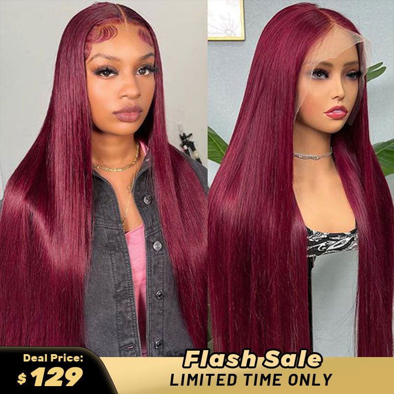 [Flash Sale]Straight/Body Wave Burgundy Hair Transparent 13x4 Lace Front Wig Pre Plucked