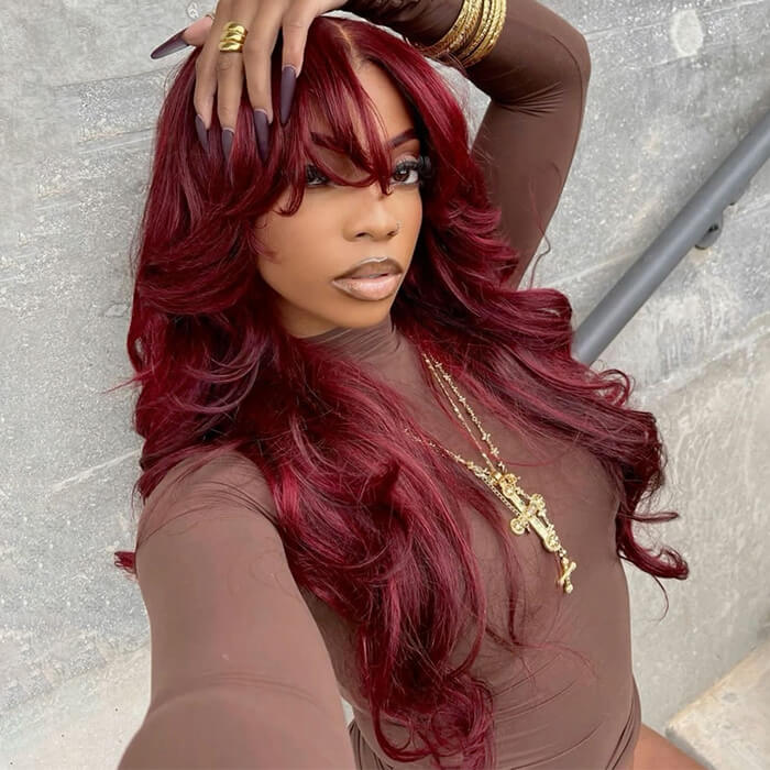 Firieya 99J Burgundy 13x4 Curtain Bangs Body Wave Glueless HD Lace Human Hair Wigs