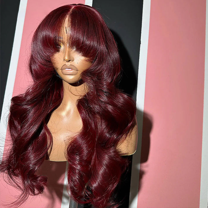 Firieya 99J Burgundy 13x4 Curtain Bangs Body Wave Glueless HD Lace Human Hair Wigs