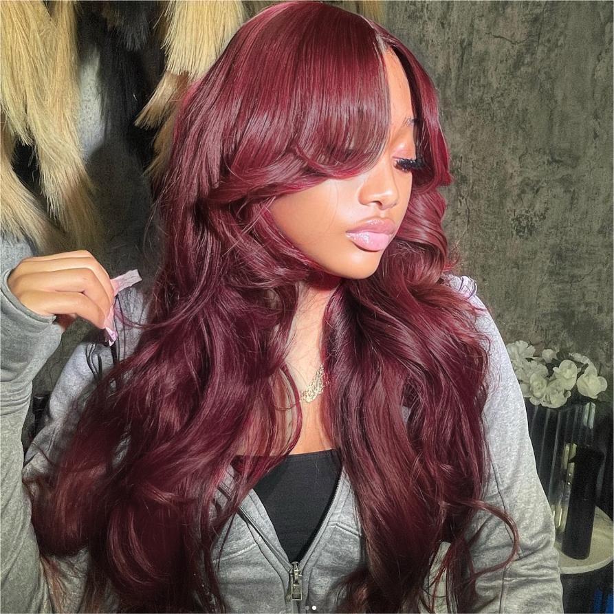 Firieya 99J Burgundy 13x4 Curtain Bangs Body Wave Glueless HD Lace Human Hair Wigs