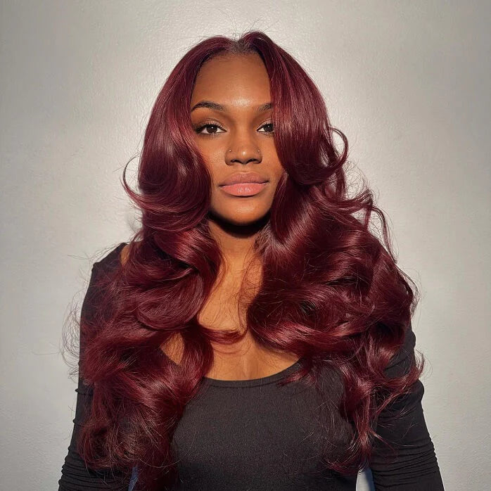 Firieya 99J Burgundy 13x4 Curtain Bangs Body Wave Glueless HD Lace Human Hair Wigs
