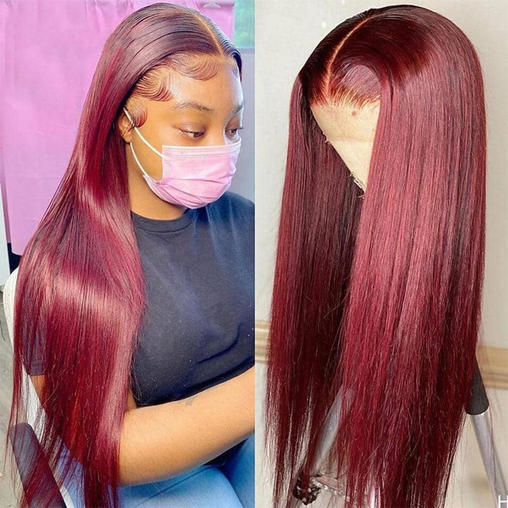 Firieya 13x6 HD Lace Full Frontal 99J Straight Human Hair Wig Burgundy Lace Frontal Wig