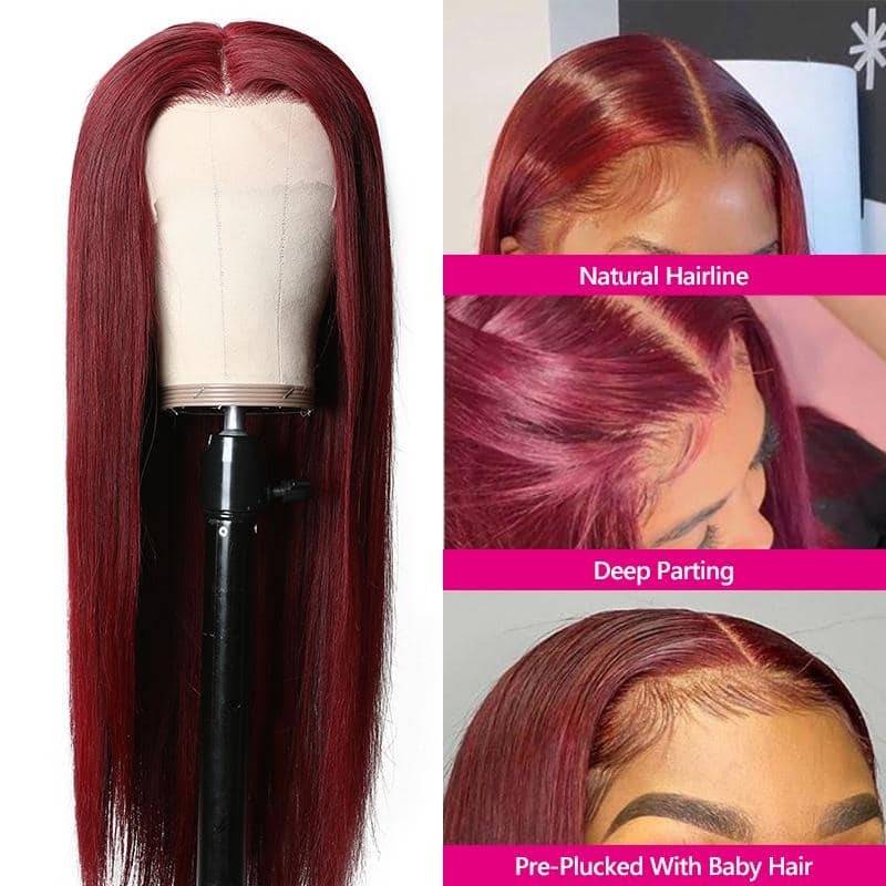 Firieya 13x6 HD Lace Full Frontal 99J Straight Human Hair Wig Burgundy Lace Frontal Wig