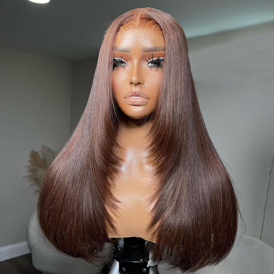 Firieya Chocolate Brown Layered Straight Human Hair Wigs 13X4 Lace Wigs For Black Women 180% Density Lace Frontal Wigs