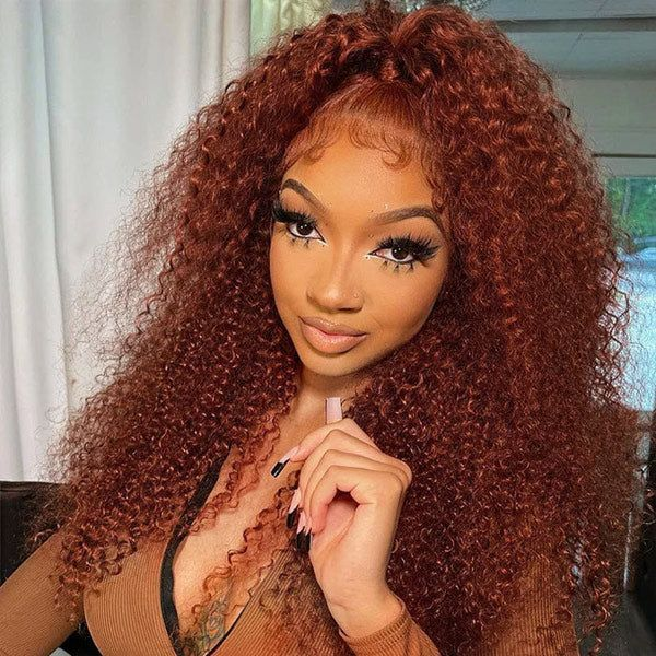 Firieya 9x6 Pre-Cut Lace #33 Reddish Brown Kinky Curly Pre-Bleached Glueless Wig Invisible Lace Wig Dome Cap Wigs