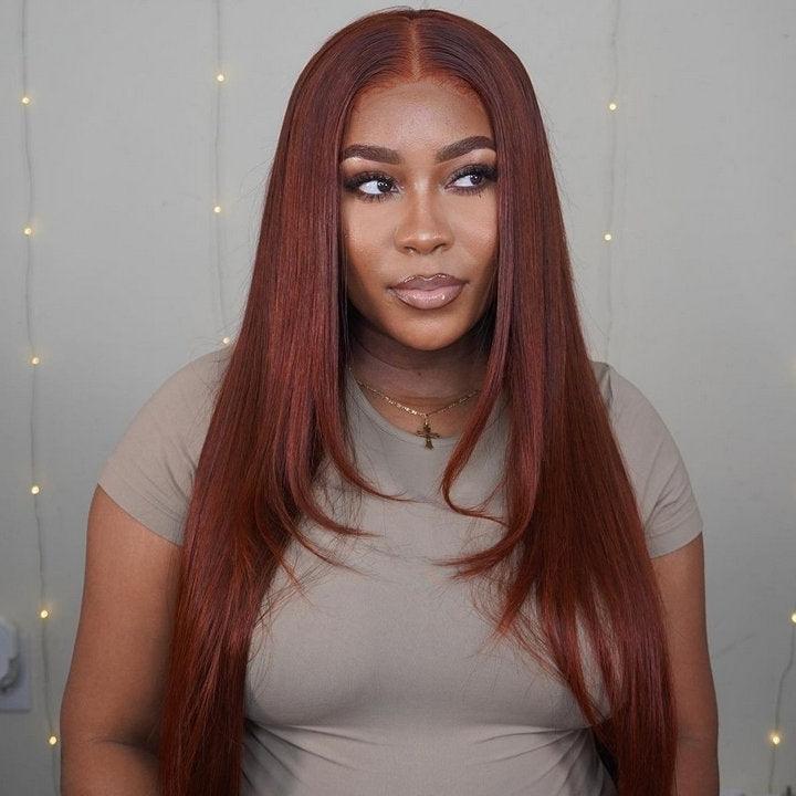 Firieya Straight Reddish Brown Wig Layered Middle Part 13x4 Lace Wigs Layer Cut Human Hair Wig