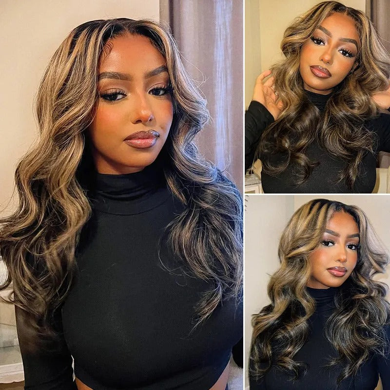 Firieya Balayage Highlight Curtain Bangs Body Wave 13x4 HD Lace Layered Glueless Human Hair Wig