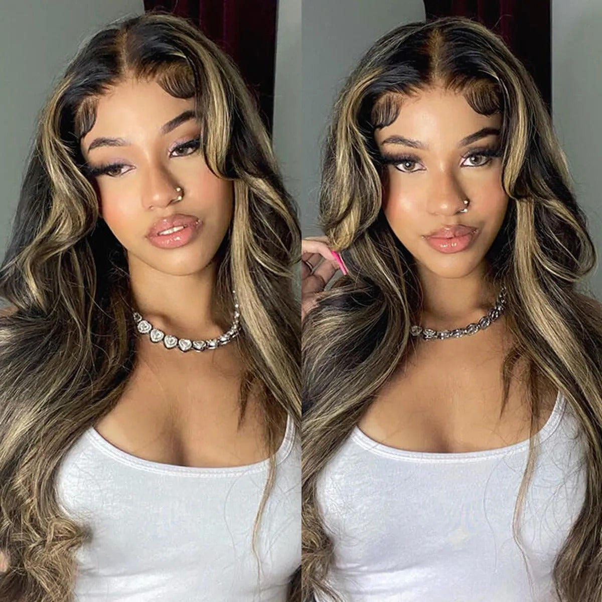 Firieya Balayage Highlight Curtain Bangs Body Wave 13x4 HD Lace Layered Glueless Human Hair Wig
